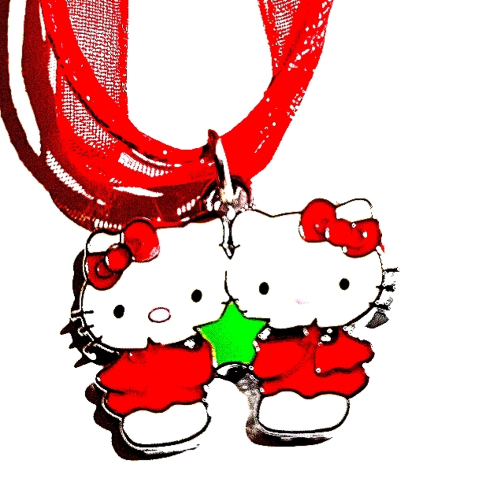 Double Twin Red Hello Kitty Charm On A Red Ribbon Necklace